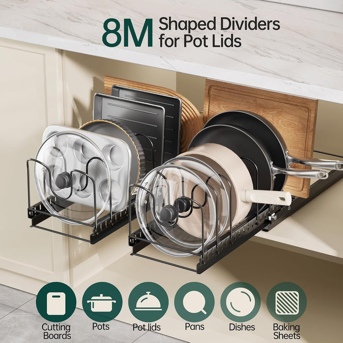 Pull Out Pots and Pans Organizer Under Cabinet, 2 Pack 8 Dividers