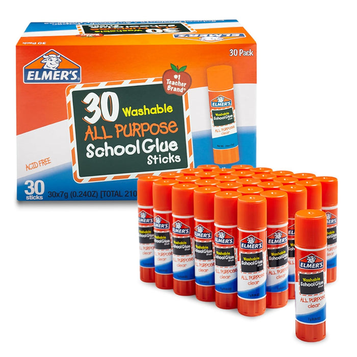 All Purpose School Glue Sticks, Acid-Free and Washable, Clear, 7 Grams, 30 Count - Craft Projects, Poster, Classroom Sup