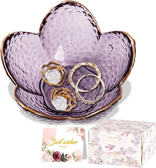 Purple Flower Jewelry Dish Glass Ring Holder Dish Jewelry Tray Cute Vanity Organizer Aesthetic Nightstand Bathroom Room 
