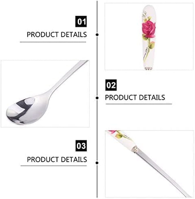6 Pack Stainless Steel Coffee Spoon Ceramic Handle Teaspoon Sugar Ice Cream Desert Spoon Stirring Soup Tableware