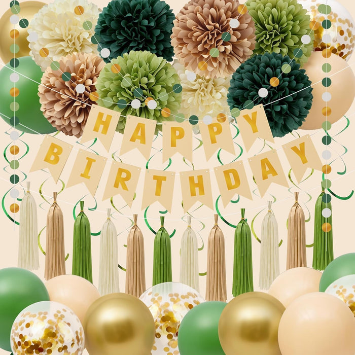 Sage Green Happy Birthday Party Decorations,Happy Birthday Banner, Quality Waterproof Boho Confetti Balloons Curtain Hanging Swirls Ease assembly Decor Green Balloons,Party Decorations