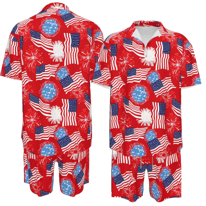 Men'S Fashion 2-Piece Matching Shortsleeve Collared Neck Tropical Set - Casual Stylish Flag Pattern Shirt & Bottoms, Loose Fit, plus Size Hawaiian Patriotic Streetwear for 4Th of July