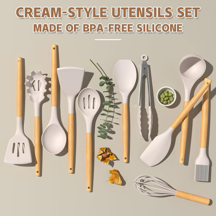 Kitchen Cooking Utensils Set, 33 pcs Non-Stick Silicone Cooking Kitchen Utensils Spatula Set with Holder, Wooden Handle 
