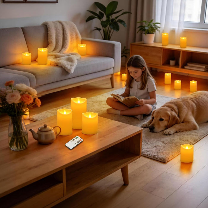 Flameless Candles 4" 5" 6" Set of 3 Outdoor Indoor Ivory Pillars Battery Operated Flickering Candles with Cozy Climbing Flame Effect, 8-Key Remote Timer, Plastic LED Candles for Wedding Decor