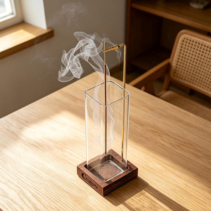 Incense Holder, Wooden Incense Burner with Glass Ash Catcher (Wooden Square)