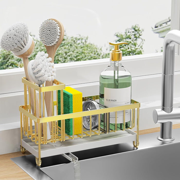 Sponge Holder for Kitchen Sink, Sink Caddy with High Brush Holder, Kitchen Sink Organizer Countertop Rustproof 304 Stainless Steel , Soap Dispenser Kitchen Organizers and Storage Essentials