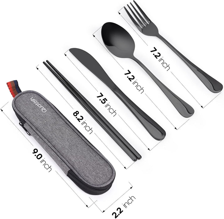 Travel Utensils with Case,  Portable Silverware Set for Work, Stainless Steel Reusable Travel Cutlery Set, Fork and Spoon Set for Camping, Picnic, Gadgets, Lunch Box for Men, Black