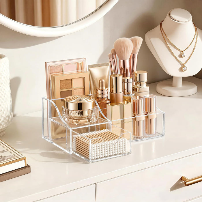 Makeup Organizer with Drawer – Cosmetic Storage for Vanity, Bathroom Countertop & Dresser, Skincare Organizer with Brush