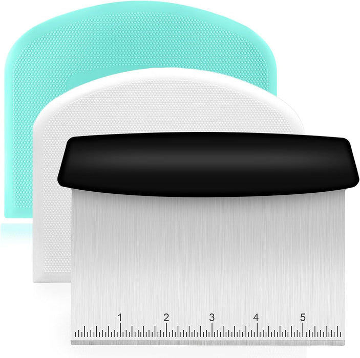 Bench Scraper, Premium Stainless Steel Dough Scraper with 2 PCS Flexible Bowl Scraper, Dough Cutter with Measuring Scale