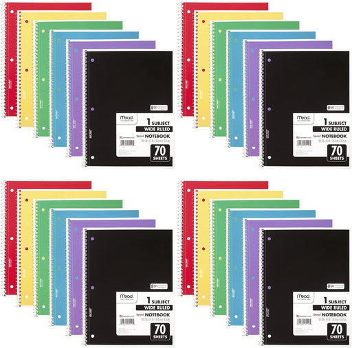 Spiral Notebook, 24 Pack, 1 Subject, Wide Ruled Paper, 7-1/2" x 10-1/2", 70 Sheets per Notebook, Colors Will Vary (930203-ECM25)