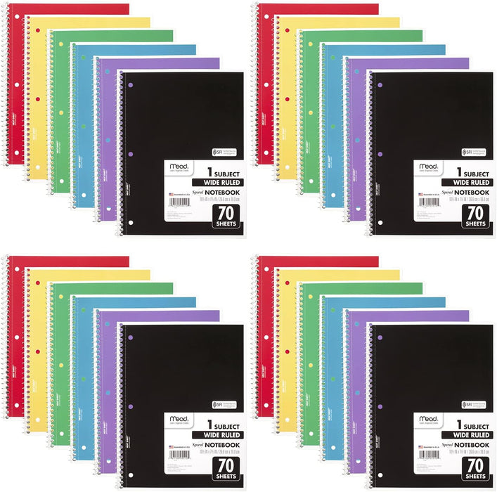Spiral Notebook, 24 Pack, 1 Subject, Wide Ruled Paper, 7-1/2" x 10-1/2", 70 Sheets per Notebook, Colors Will Vary (930203-ECM25)