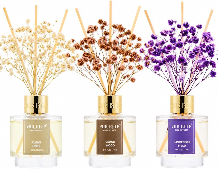 Reed Diffuser Set of 3,Clean Linen Lavender Field Cedar Wood Oil Reed Diffusers for Bedroom Living Room Office Aromatherapy Oil Reed Diffuser for Gift 50ml x 3