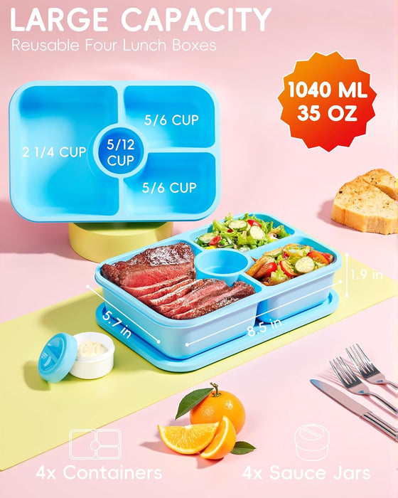 4 Pcs Bento Snack Box Containers, 4 Compartment Divided Stackable Food Storage Containers with Lids, Meal Prep Lunch Con