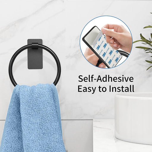 Hand Towel Holder for Bathroom, Adhesive Round Towel Ring, Black