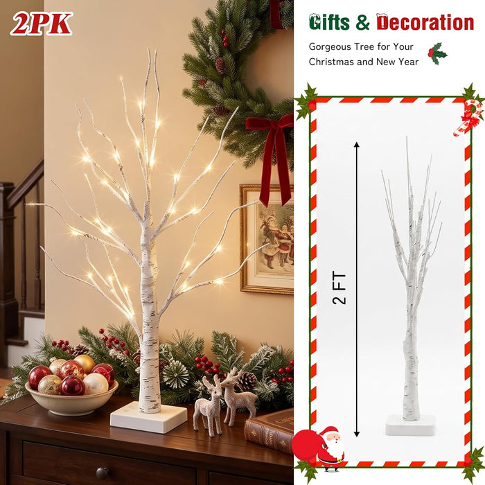 Christmas Decorations, 2FT Birch Tree with LED Lights, Warm White Light up Tree Lamp, Artificial Trees for Home Table In