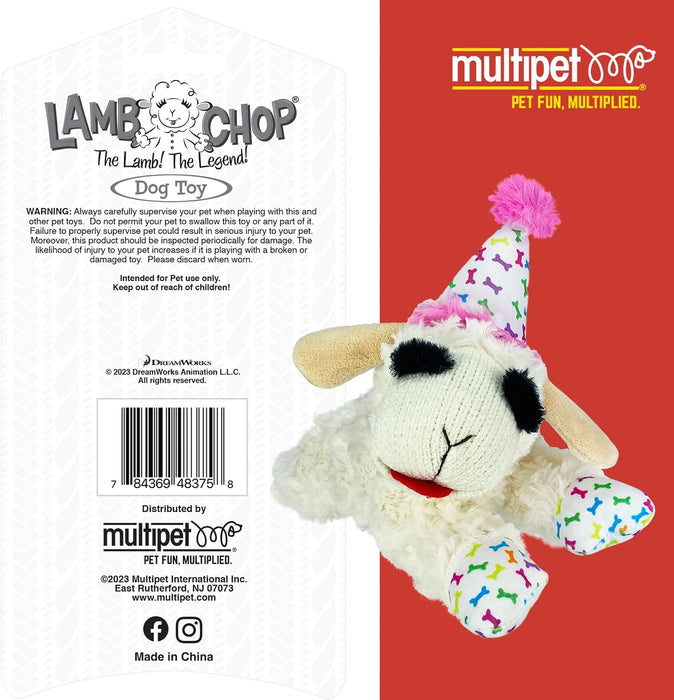 Lamb Chop Dog Plush Toy with Birthday Hat - Squeaky Dog Toy