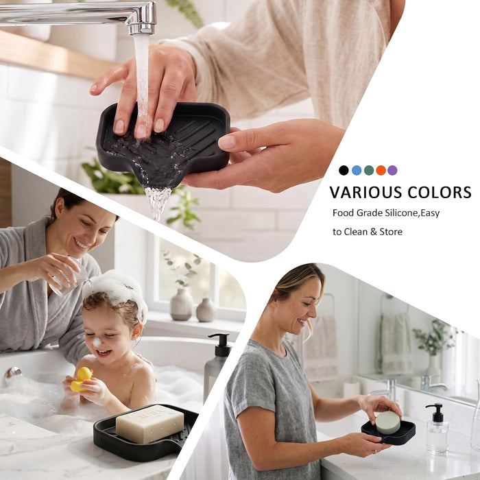 Silicone Soap Dish with Drain Spout, Self-Draining Sink Organizer Tray for Bathroom and Kitchen, Sponges, Dispensers and