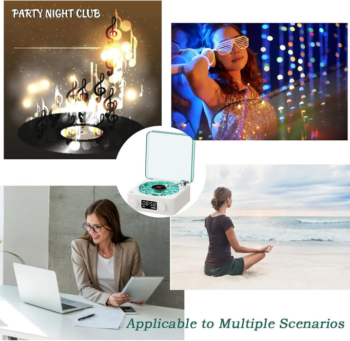 The Waves Vinyl Player, Waves Bluetooth Speaker, Portable Vintage Vinyl Speaker with Adjustable Light and Time for Bedroom, Party, White