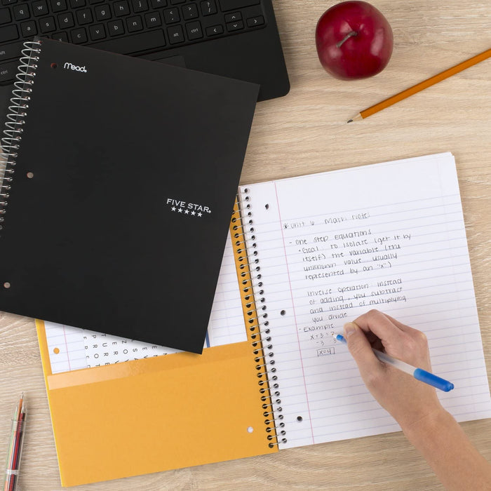 Spiral Notebook + Study App, 5 Subject, College Ruled Paper, 8-1/2" x 11", 200 Sheets, Fights Ink Bleed, Water Resistant Cover, Black (72081)
