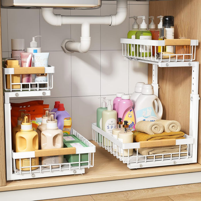 Under Sink Organizer, Adjustable Height, 2 Tier Pull Out Under Cabinet Organizer, Slide Out Thickened Metal Under Sink Storage for Kitchen Bathroom Laundry Pantry Cabinet, White, Large-2-Pack