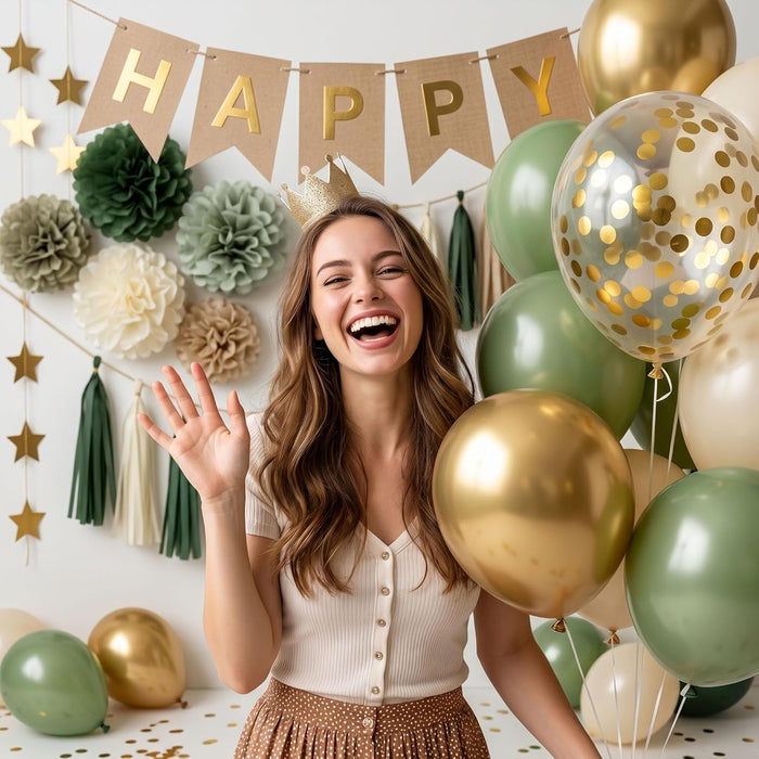 Sage Green Happy Birthday Party Decorations Retro Green Nude Ivory Dark Olive Kraft Paper Banner Balloons Neutral Rustic