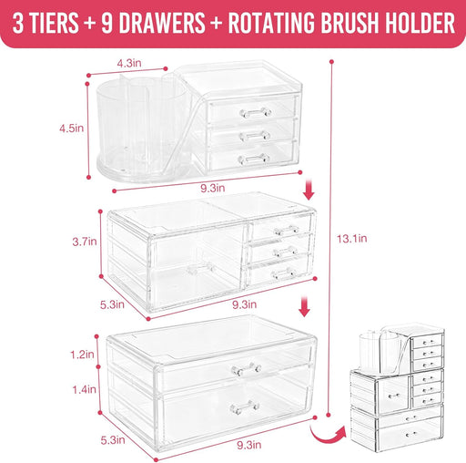Clear Makeup Organizer with 9 Drawers, 3 Tier Stackable Makeup Storage Organizer with Rotating Brush Holder, Acrylic Cou
