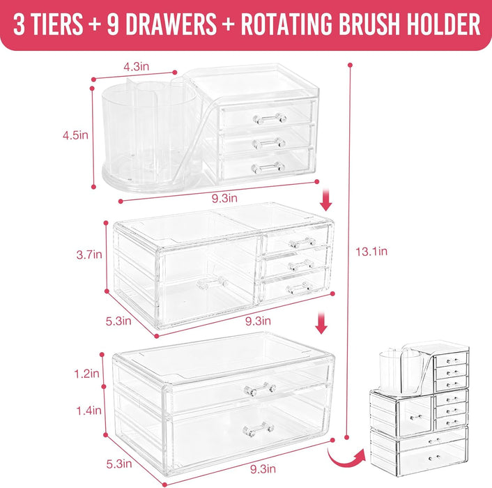 Clear Makeup Organizer with 9 Drawers, 3 Tier Stackable Makeup Storage Organizer with Rotating Brush Holder, Acrylic Cou