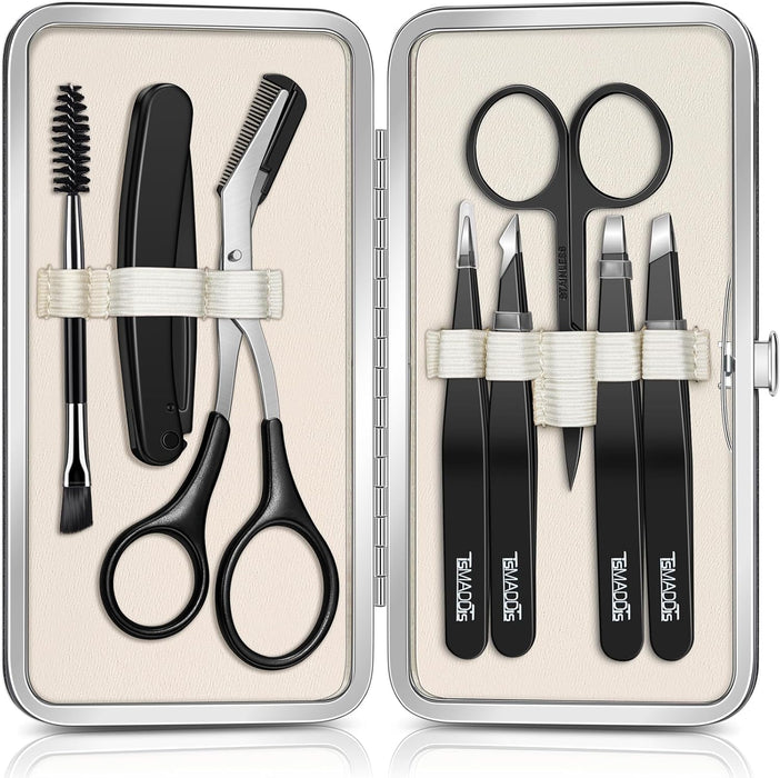 Tweezers for Men, 8 in 1 Professional Eyebrow Tweezers Kit with Eyebrow Trimmer & Scissors, Razor, Brush, Skin Care Tools