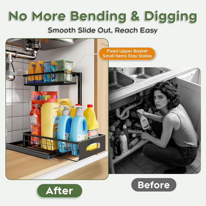 Under Sink Organizer, 2-Pack L-Shaped Metal Pull-Out Drawers for Kitchen