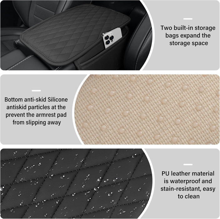 Car Center Console Cover, Upgraded Leather Car Armrest Cushion with 2 Storage Pockets, Universal Waterproof Cushion Pad,