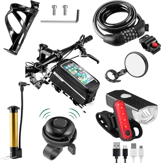 8 Pack Bicycle Accessories, Bike Light Set USB Rechargeable, 1 Bike Water Bottle Holder, Bicycle Bag and 1 Bike Aluminum