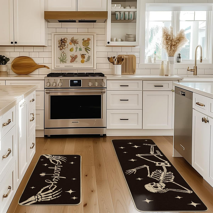 Spooky Skeleton Spider Bone Black Halloween Kitchen Mats Set of 2, Black Home Decor Low-Profile Kitchen Rugs for Floor -