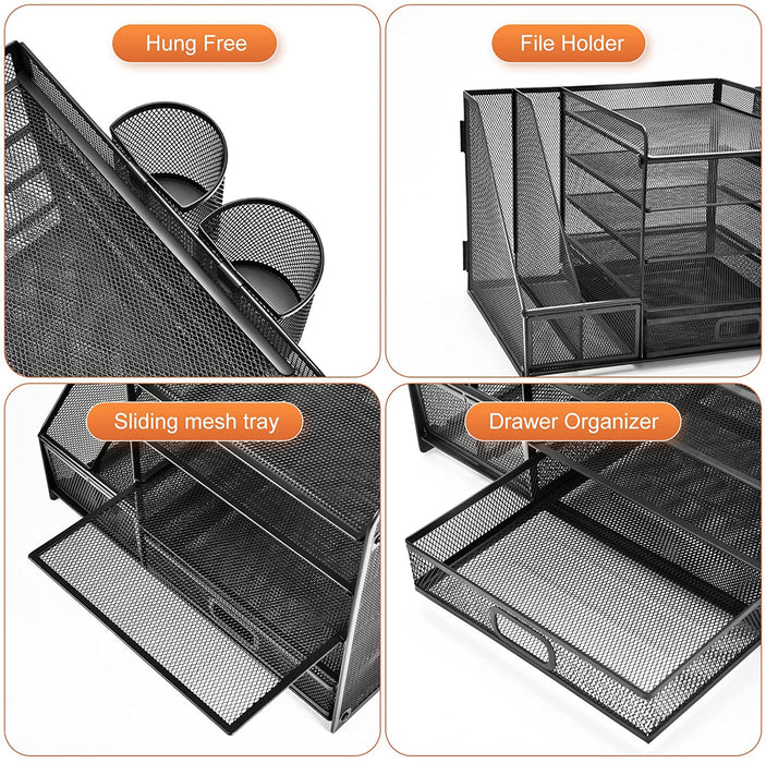 Desk Organizer with File Holder, 5-Tier Paper Letter Tray Organizer with Drawer and 2 Pen Holder, Mesh Desktop Organizer