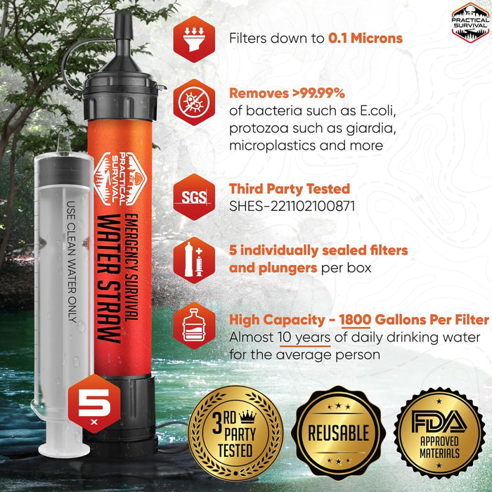 Reusable Emergency Water Filter Straws, 5-Pack