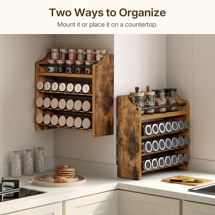Spice Rack, 4 Tier Wall Mount & Countertop Organizer, Industrial Spice Holder, for Kitchen Countertop and Cabinet, Compa