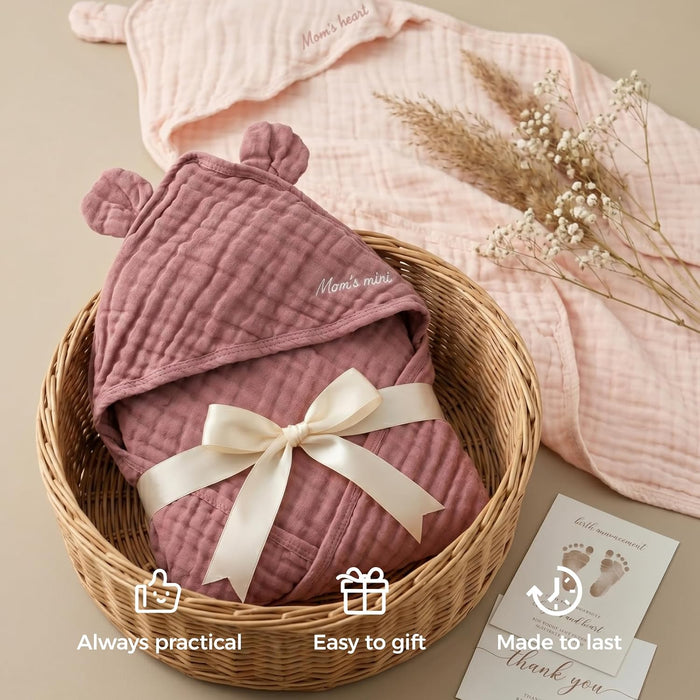 6-Layer Muslin Cotton Baby Towels with Hood, 32x32 Inch, Pink