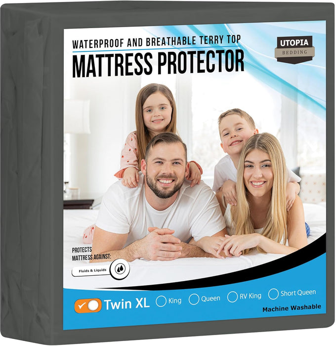 Waterproof Mattress Protector Twin Size, Premium Terry Mattress Cover 200 GSM, Breathable, Fitted Style with Stretchable Pockets (White)