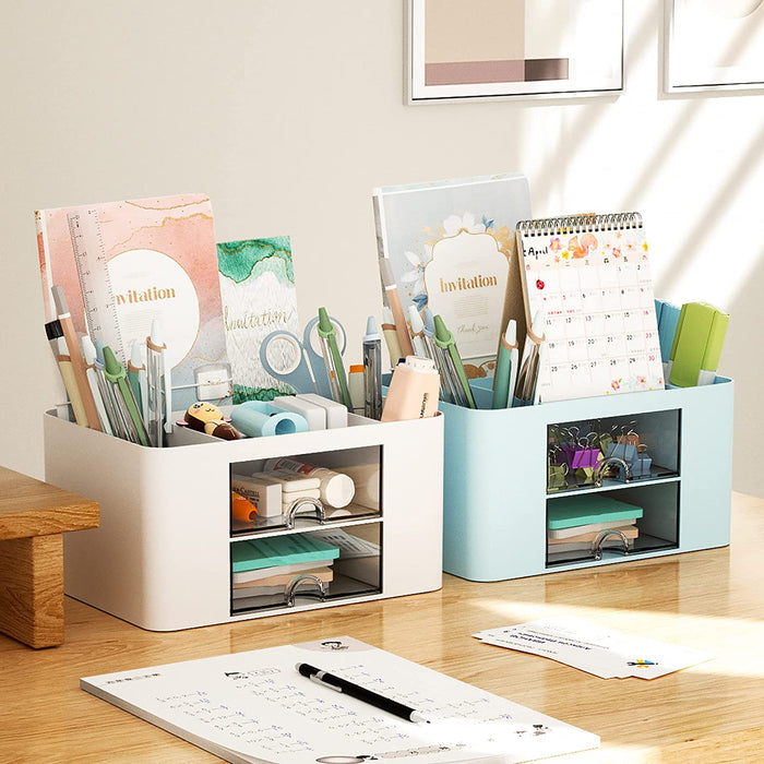 Pen Organizer with 2 Drawer, Multi-Functional Pencil Holder for Desk, Desk Organizers and Accessories with 5 Compartment