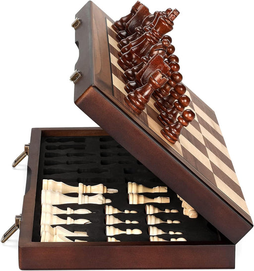 Magnetic Wooden Chess Set for Adults Kids 15'' Chess Board with Handmade Pieces, Folding Portable Travel Unique Chess Se