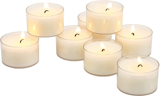 96 Count White Unscented Smokeless Long Burning Clear Cup Tea Light Candles with 6 to 7 Hour Burn Time