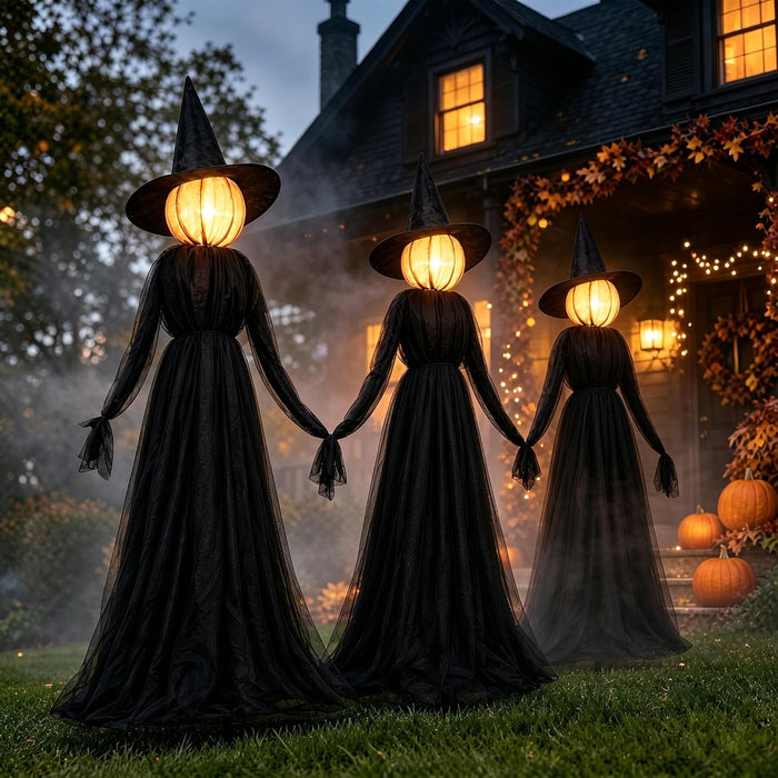 Halloween Witches Decorations Outdoor, 5 FT Set of 3 Light Up Holding Hands Witches with Stakes and Timer Function, Glow