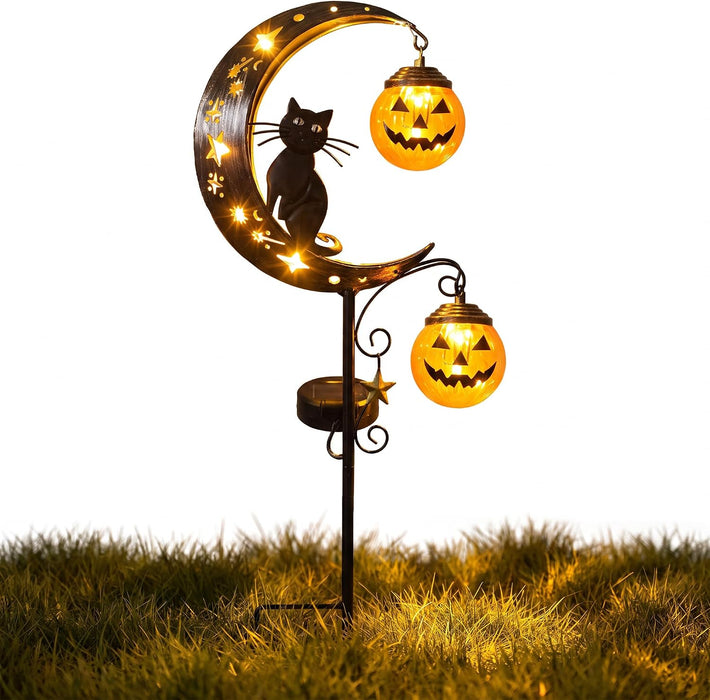 Solar Halloween Pumpkin Light, Black Cat Moon Garden Stake Light with 2 Pumpkin Lanterns, Waterproof Metal Solar Pathway