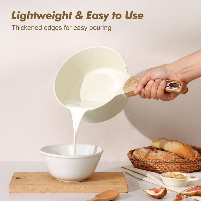 Ceramic Nonstick Sauce Pan with Lid, 1.5 Quart Small Saucepan, White Cooking Pot with Stay Cool Handle, Non toxic Kitchen Sauce Pot, Non stick Sauciers, Induction Pot, PFOA PTFE PFAS Free
