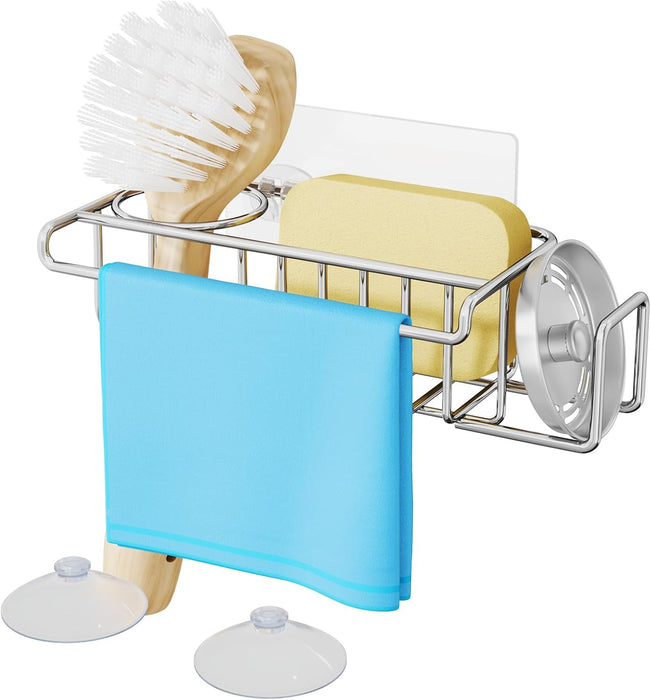 4 in 1 Sink Caddy Sponge Holder, SUS304 Stainless Steel Kitchen Brush Holder and Dish Cloth Hanger, Kitchen Organizers and Storage Essentials - Silver