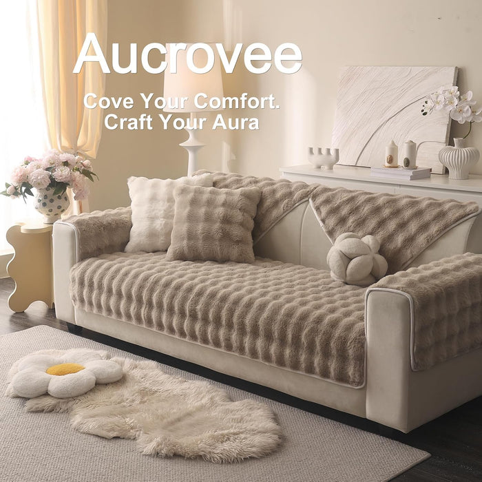 Soft Plush Faux Fur Couch Cover, Thick Warm Fuzzy Sectional Sofa Covers for 3 Cushion Couch Sofa L Sharped Sofa Non Slip Slipcover, Furniture Protector Covers for Pets(1 PCS 36"x82" Khaki)