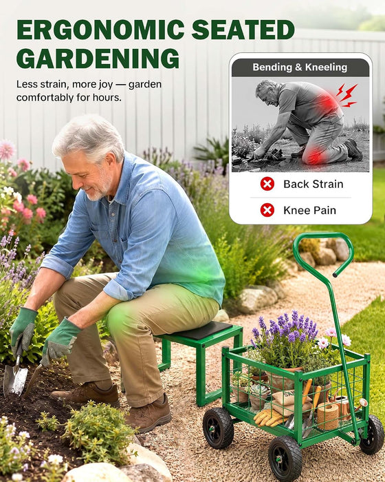 Garden Cart with Detachable Seat, Rolling Garden Seat with Wheels