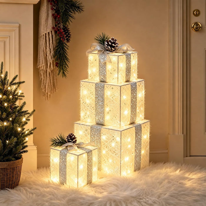 Set of 4 Christmas Lighted Gift Boxes, Battery Operated Xmas Decor