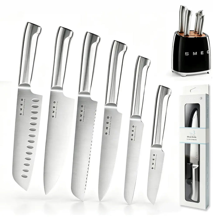7-Piece Stainless Steel Knives Kitchen Set with Block - Retro 50S Aesthetic Countertop Set, 67-Layer Construction, Olive Design, Includes Chef, Bread, Santoku Knives, Multifunctional, Safe for Home Kitchen Use