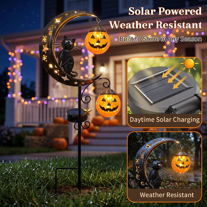 Solar Halloween Garden Stake Light Pumpkin Moon Waterproof Metal Black Cat