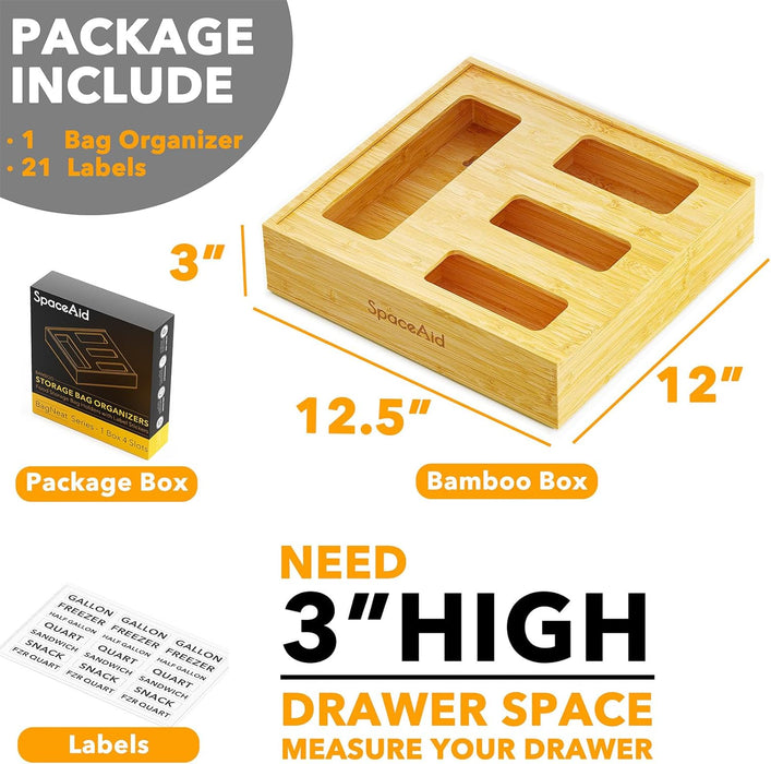Bag Storage Organizer for Kitchen Drawer, Bamboo Organizer, Compatible with Gallon, Quart, Sandwich and Snack Variety Si